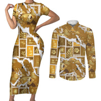 Hawaii Japanese Culture Gold Couples Matching Short Sleeve Bodycon Dress and Long Sleeve Button Shirt Spring Cranes Aloha Pattern LT01 Gold - Polynesian Pride