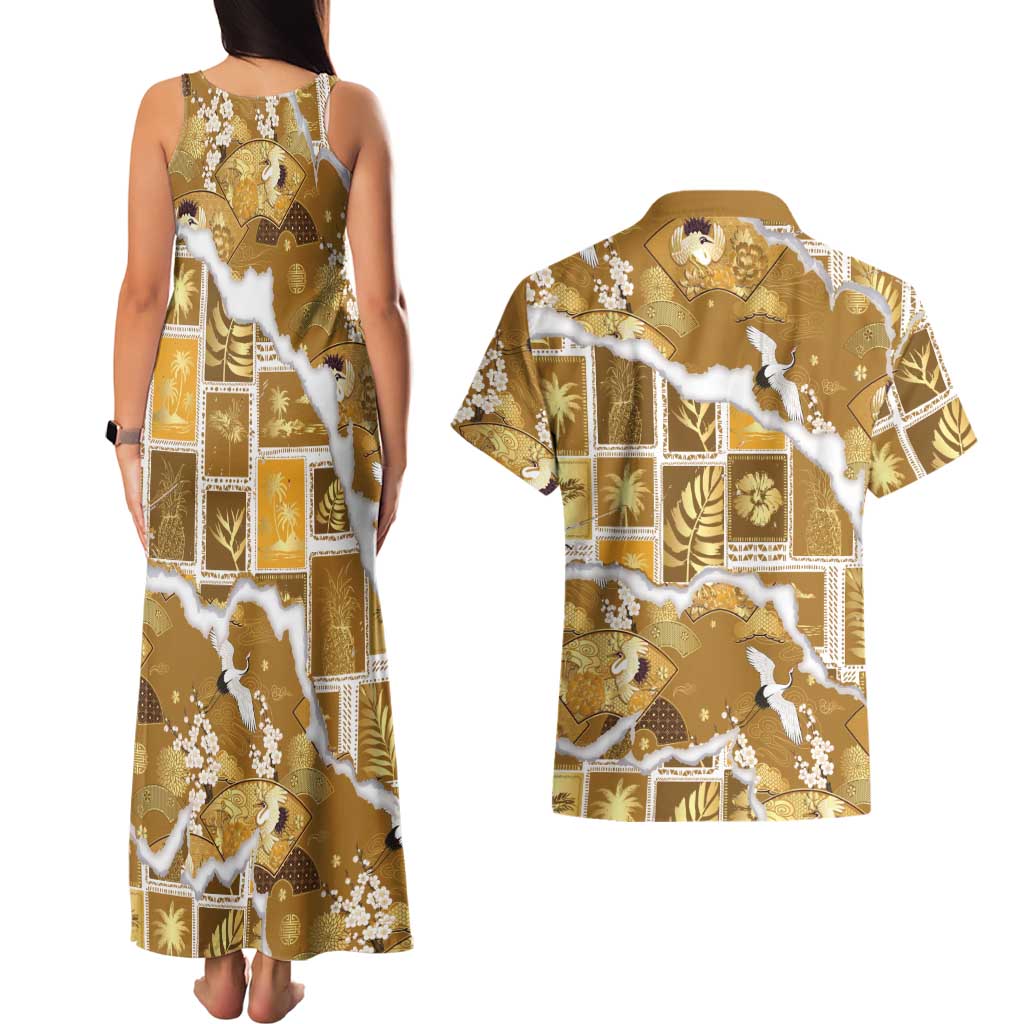 Hawaii Japanese Culture Gold Couples Matching Tank Maxi Dress and Hawaiian Shirt Spring Cranes Aloha Pattern LT01 - Polynesian Pride