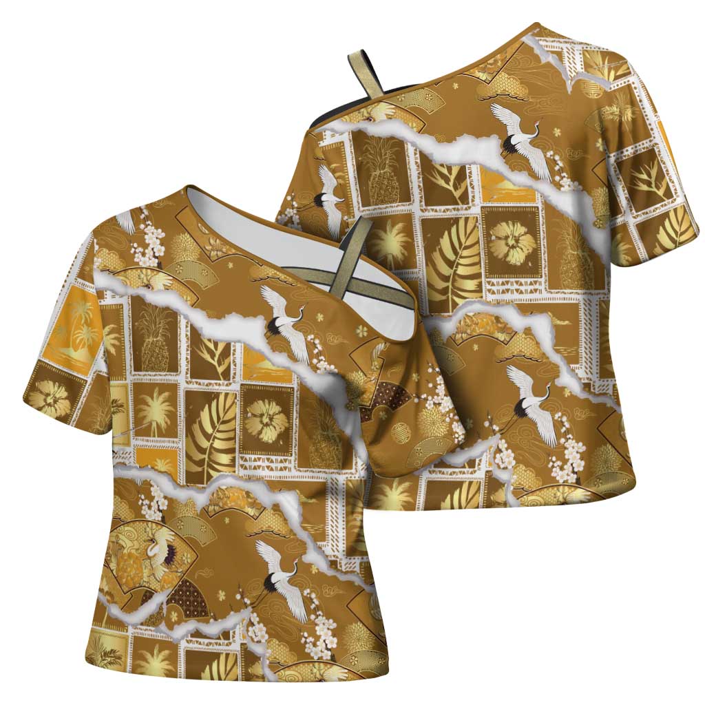 Hawaii Japanese Culture Gold Cross Shoulder Shirt Spring Cranes Aloha Pattern