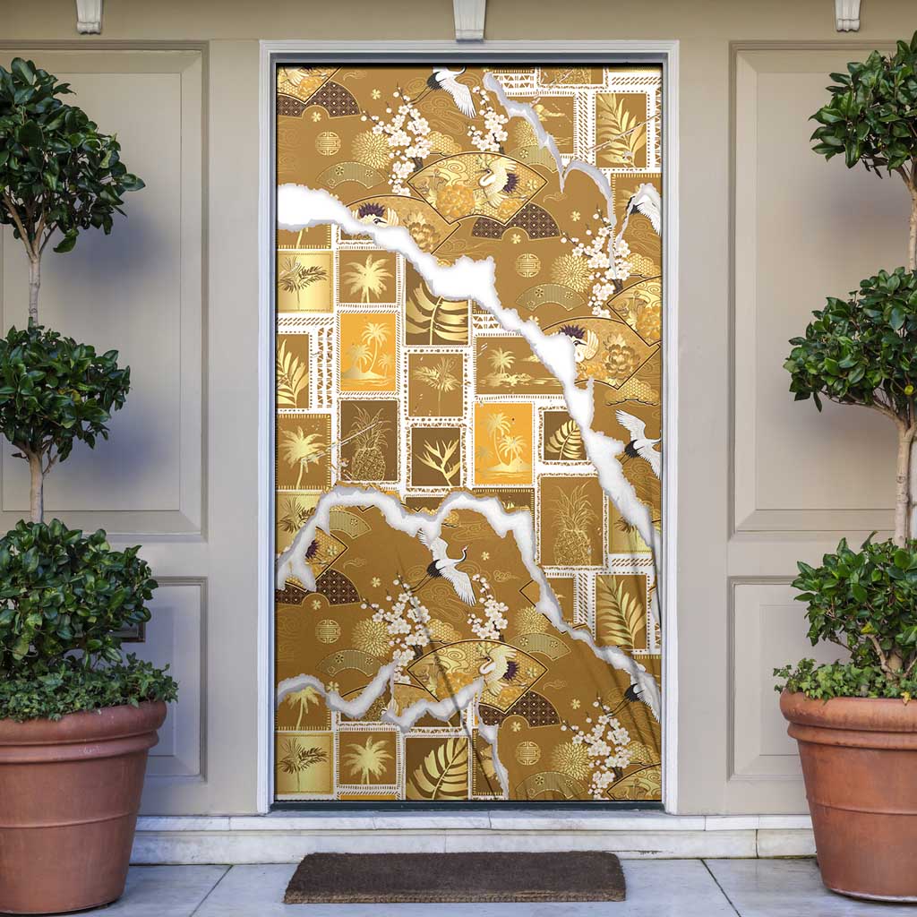 Hawaii Japanese Culture Gold Door Cover Spring Cranes Aloha Pattern LT01 Gold - Polynesian Pride