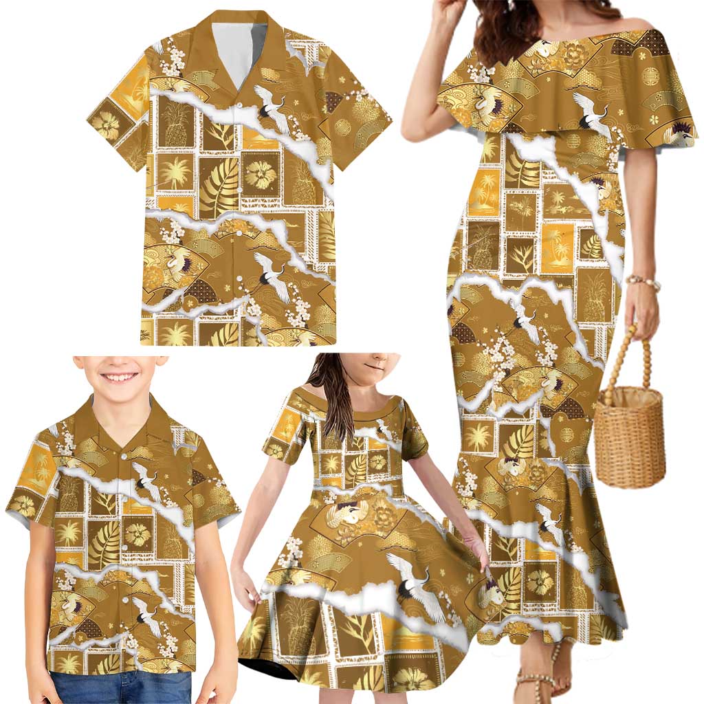 Hawaii Japanese Culture Gold Family Matching Mermaid Dress and Hawaiian Shirt Spring Cranes Aloha Pattern LT01 - Polynesian Pride