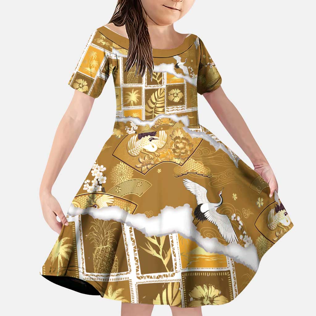 Hawaii Japanese Culture Gold Family Matching Off Shoulder Maxi Dress and Hawaiian Shirt Spring Cranes Aloha Pattern LT01 Daughter's Dress Gold - Polynesian Pride