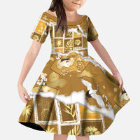 Hawaii Japanese Culture Gold Family Matching Off Shoulder Maxi Dress and Hawaiian Shirt Spring Cranes Aloha Pattern LT01 Daughter's Dress Gold - Polynesian Pride
