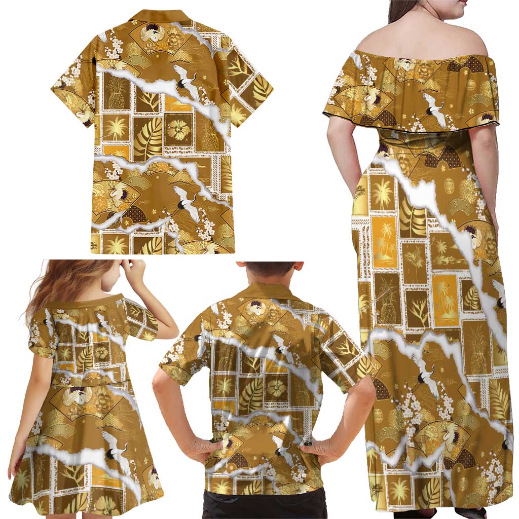Hawaii Japanese Culture Gold Family Matching Off Shoulder Maxi Dress and Hawaiian Shirt Spring Cranes Aloha Pattern LT01 - Polynesian Pride