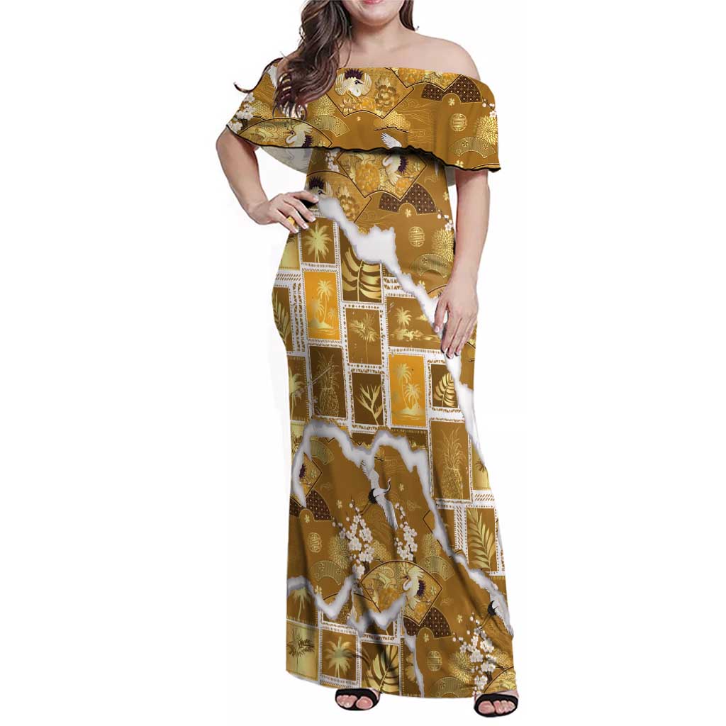 Hawaii Japanese Culture Gold Family Matching Off Shoulder Maxi Dress and Hawaiian Shirt Spring Cranes Aloha Pattern LT01 Mom's Dress Gold - Polynesian Pride