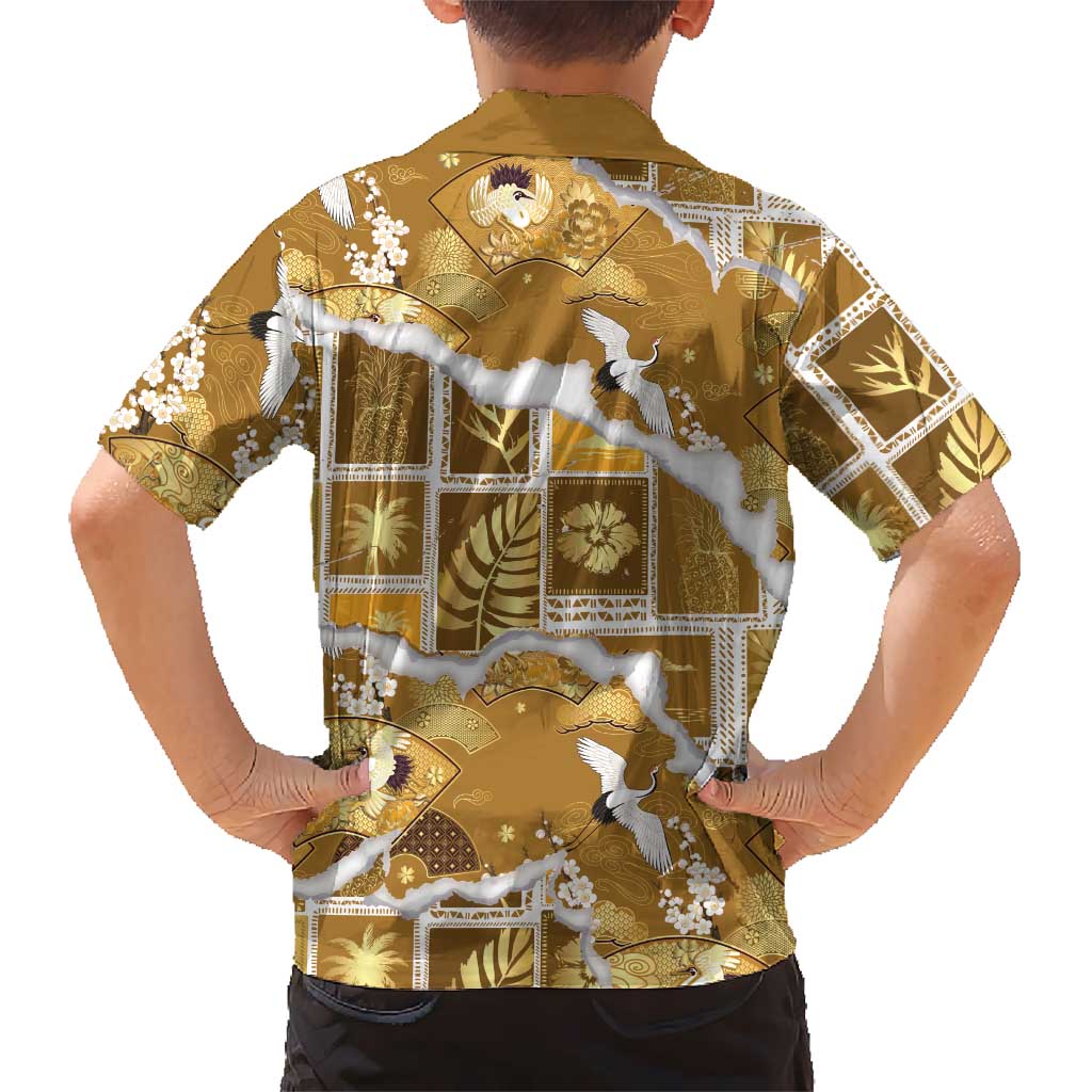Hawaii Japanese Culture Gold Family Matching Off Shoulder Short Dress and Hawaiian Shirt Spring Cranes Aloha Pattern LT01 - Polynesian Pride