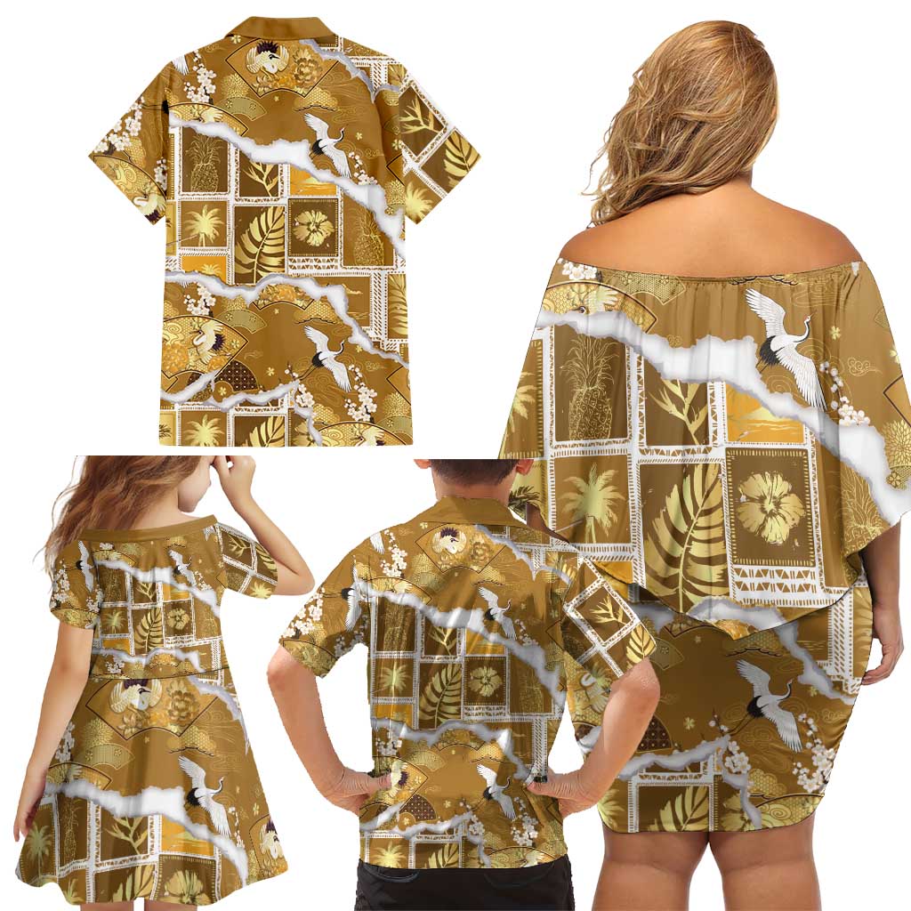Hawaii Japanese Culture Gold Family Matching Off Shoulder Short Dress and Hawaiian Shirt Spring Cranes Aloha Pattern LT01 - Polynesian Pride