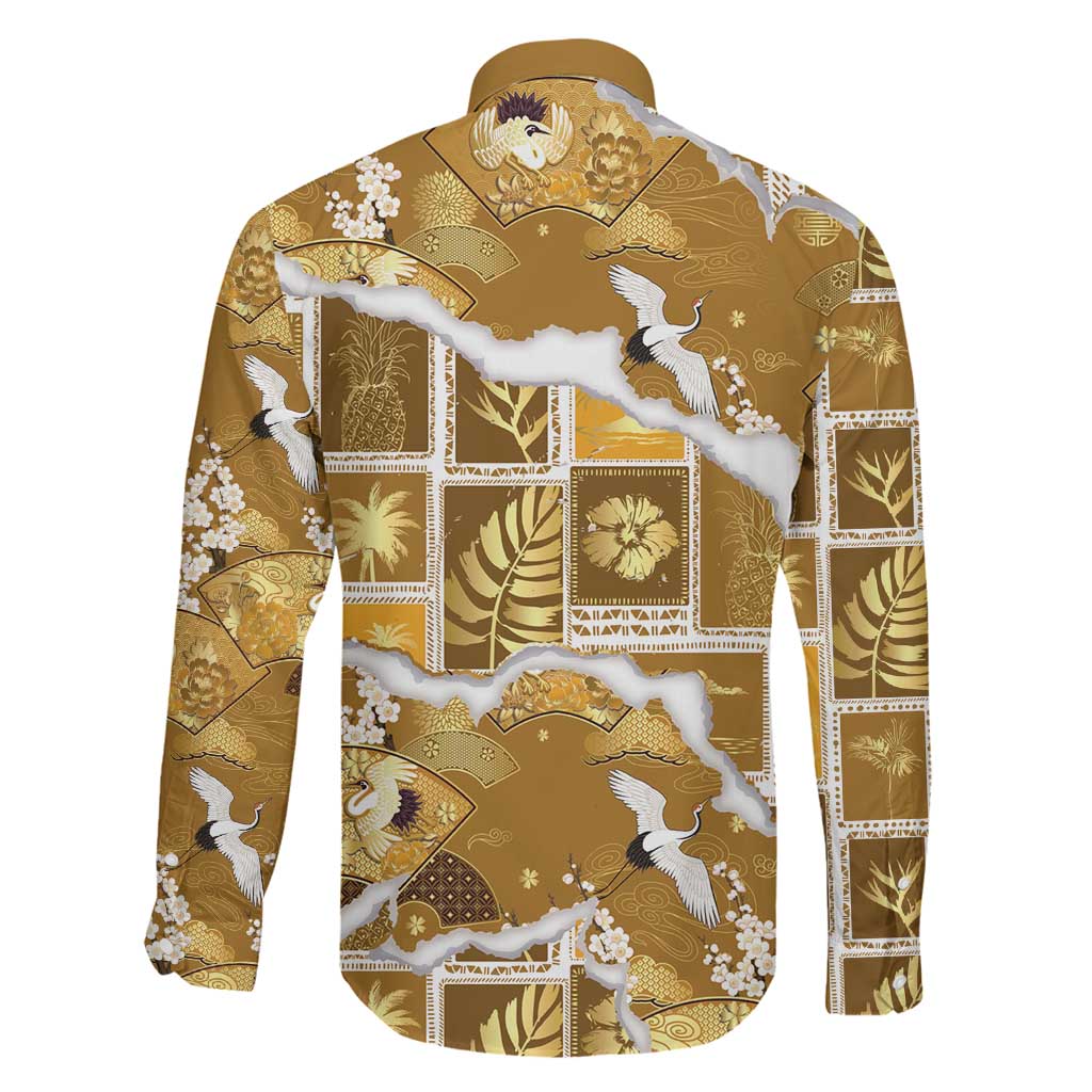 Hawaii Japanese Culture Gold Family Matching Off Shoulder Short Dress and Hawaiian Shirt Spring Cranes Aloha Pattern LT01 - Polynesian Pride