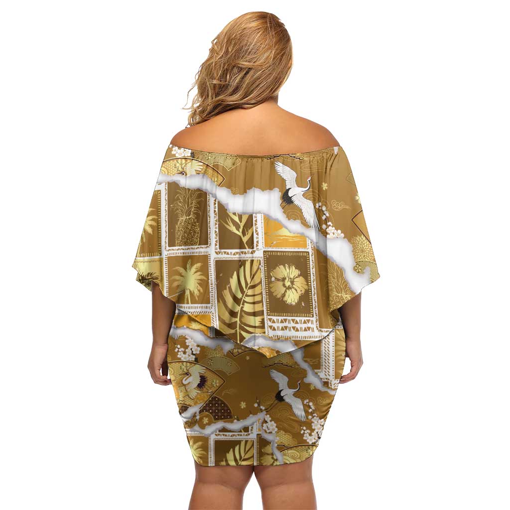 Hawaii Japanese Culture Gold Family Matching Off Shoulder Short Dress and Hawaiian Shirt Spring Cranes Aloha Pattern LT01 - Polynesian Pride
