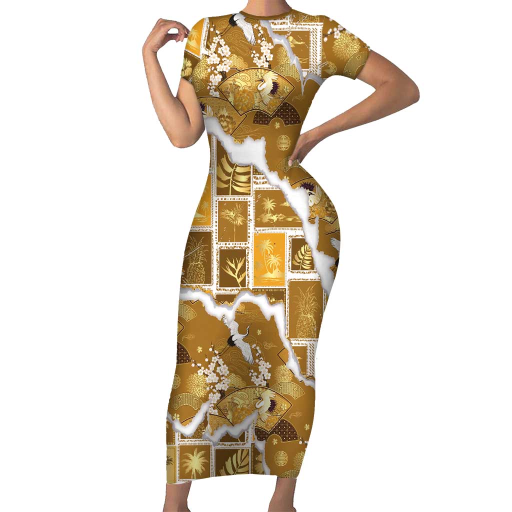 Hawaii Japanese Culture Gold Family Matching Short Sleeve Bodycon Dress and Hawaiian Shirt Spring Cranes Aloha Pattern LT01 Mom's Dress Gold - Polynesian Pride