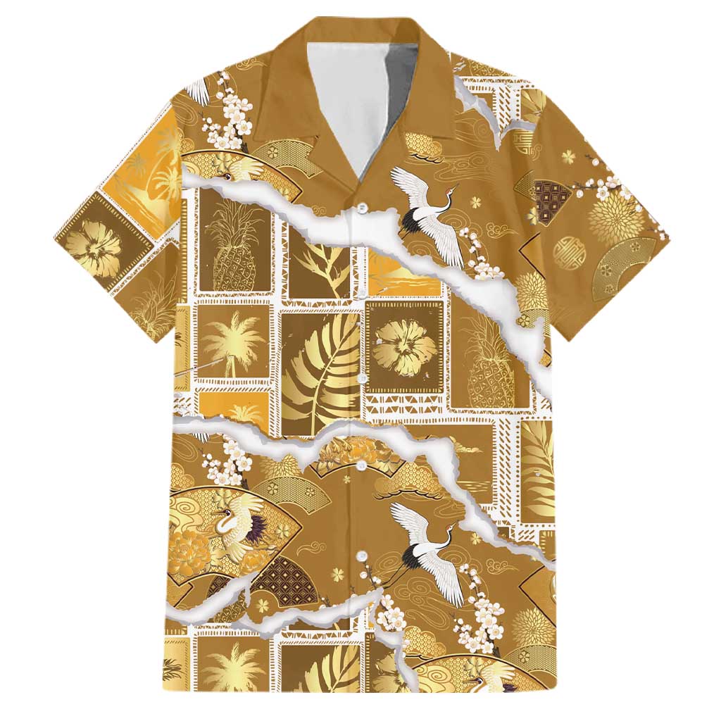 Hawaii Japanese Culture Gold Family Matching Summer Maxi Dress and Hawaiian Shirt Spring Cranes Aloha Pattern LT01 Dad's Shirt - Short Sleeve Gold - Polynesian Pride
