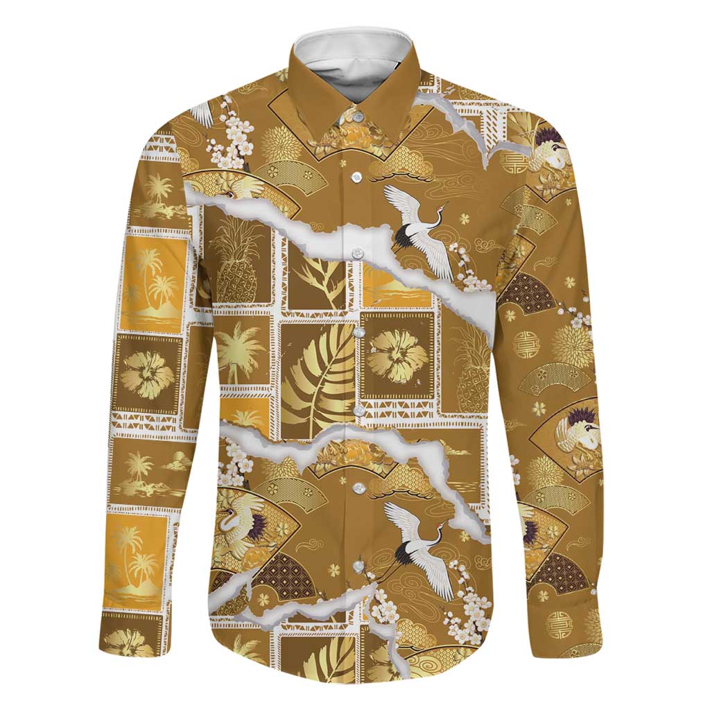 Hawaii Japanese Culture Gold Family Matching Tank Maxi Dress and Hawaiian Shirt Spring Cranes Aloha Pattern LT01 Dad's Shirt - Long Sleeve Gold - Polynesian Pride