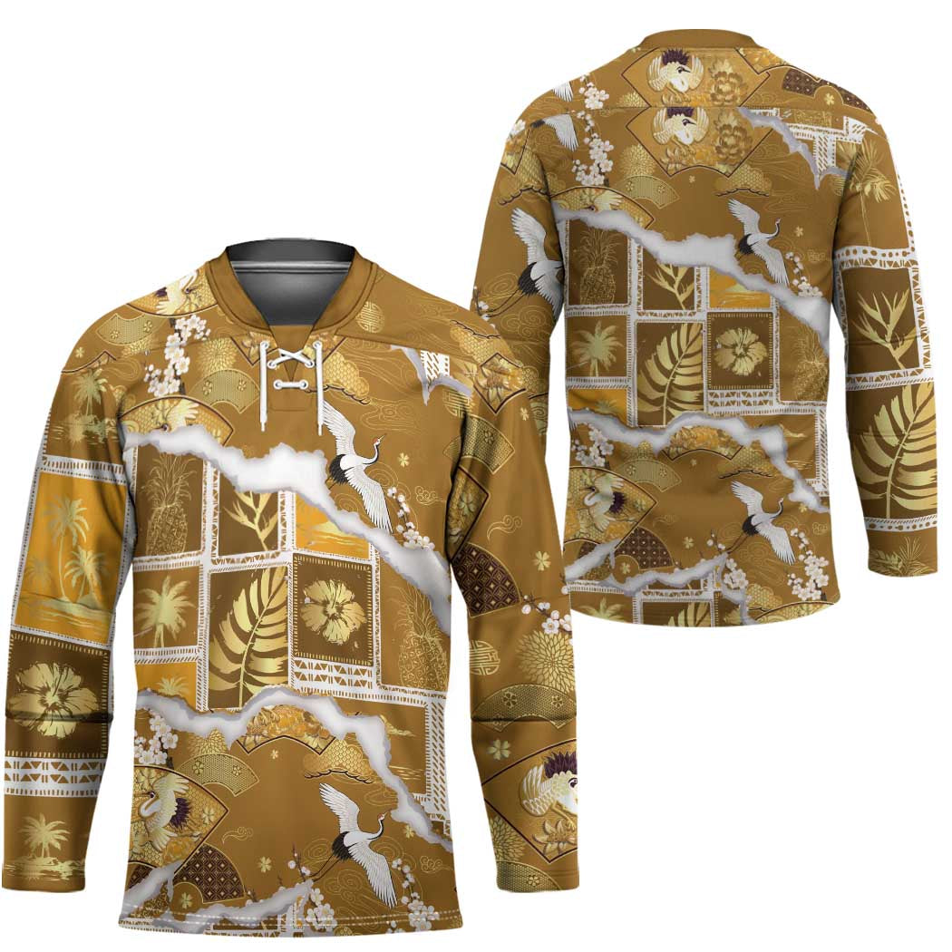 Hawaii Japanese Culture Gold Hockey Jersey Spring Cranes Aloha Pattern