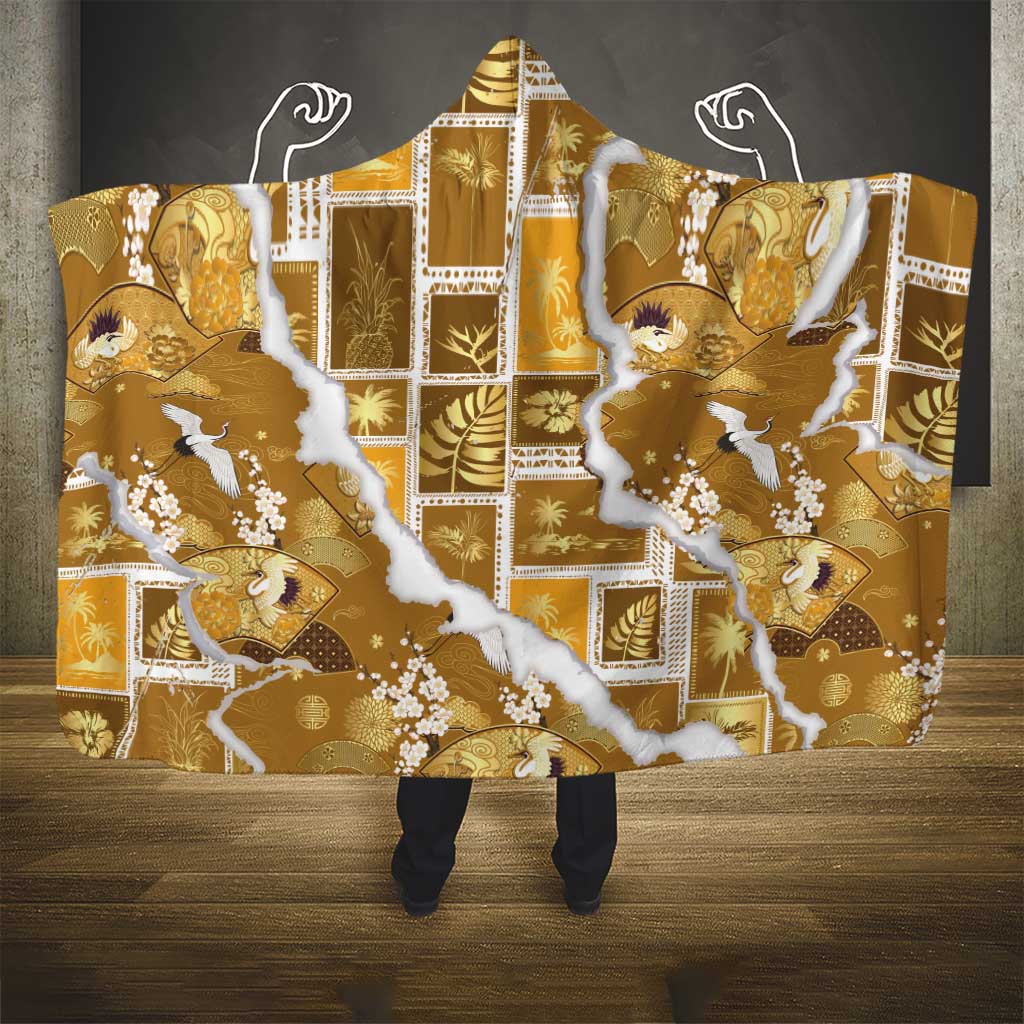 Hawaii Japanese Culture Gold Hooded Blanket Spring Cranes Aloha Pattern