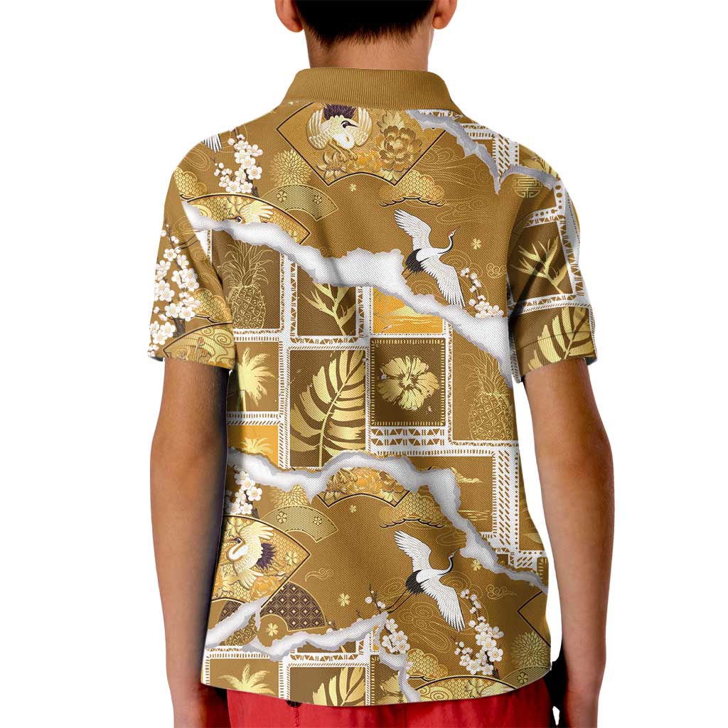 Hawaii Japanese Culture Gold Kid Polo Shirt Spring Cranes Aloha Pattern