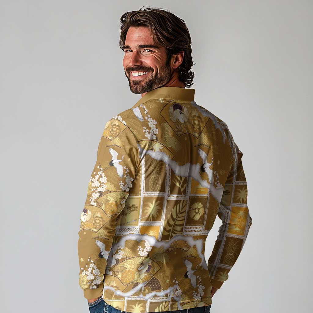 Hawaii Japanese Culture Gold Long Sleeve Polo Shirt Spring Cranes Aloha Pattern