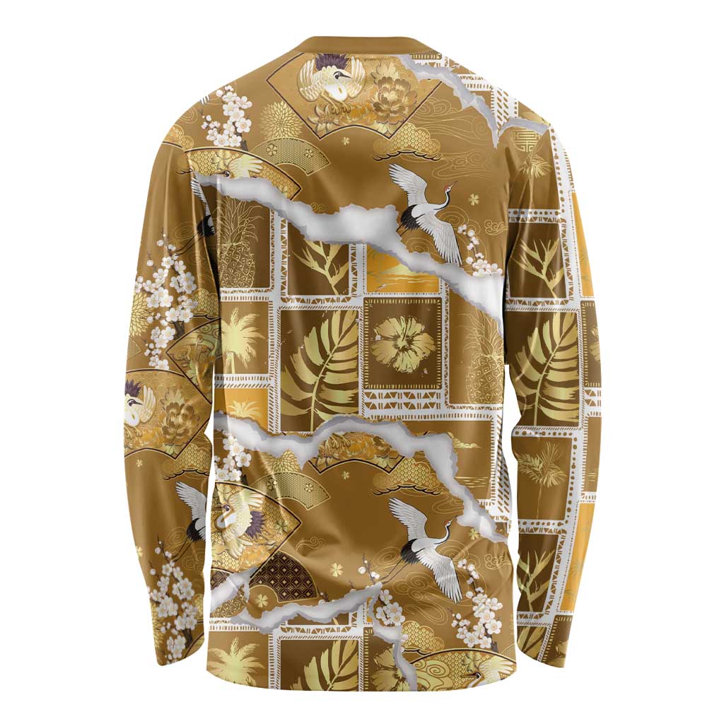 Hawaii Japanese Culture Gold Long Sleeve Shirt Spring Cranes Aloha Pattern