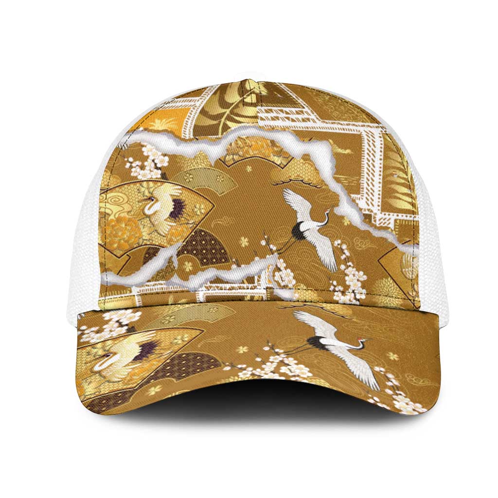Hawaii Japanese Culture Gold Mesh Trucker Cap Spring Cranes Aloha Pattern