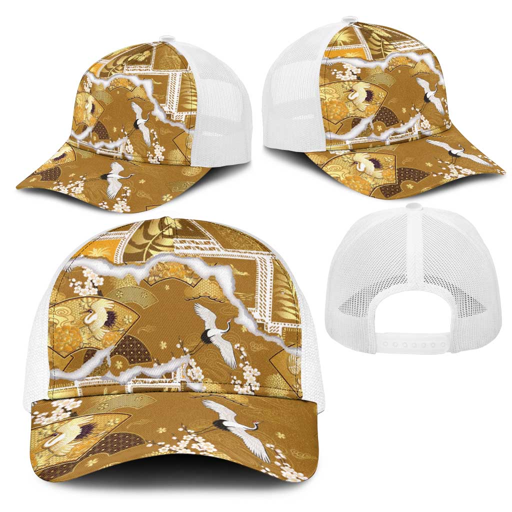 Hawaii Japanese Culture Gold Mesh Trucker Cap Spring Cranes Aloha Pattern
