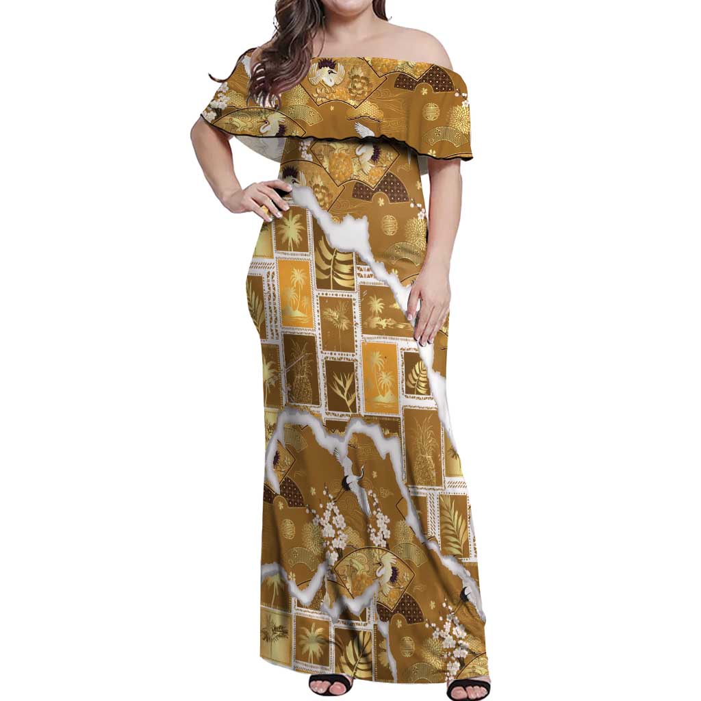 Hawaii Japanese Culture Gold Off Shoulder Maxi Dress Spring Cranes Aloha Pattern