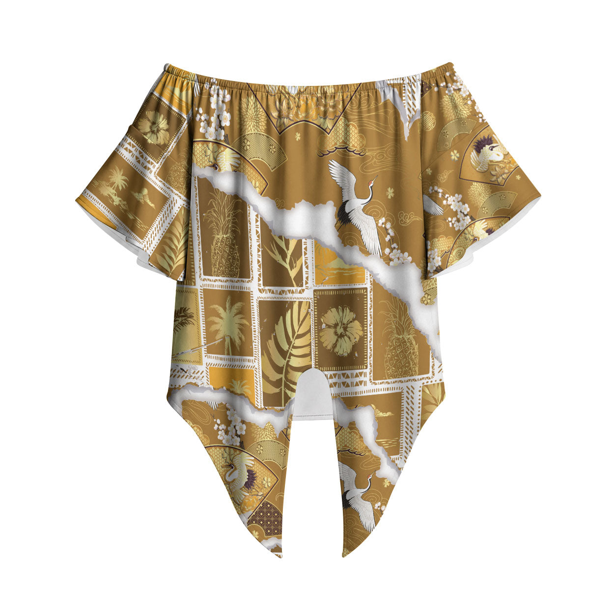 Hawaii Japanese Culture Gold Off Shoulder Wrap Waist Top Spring Cranes Aloha Pattern LT01 Gold - Polynesian Pride