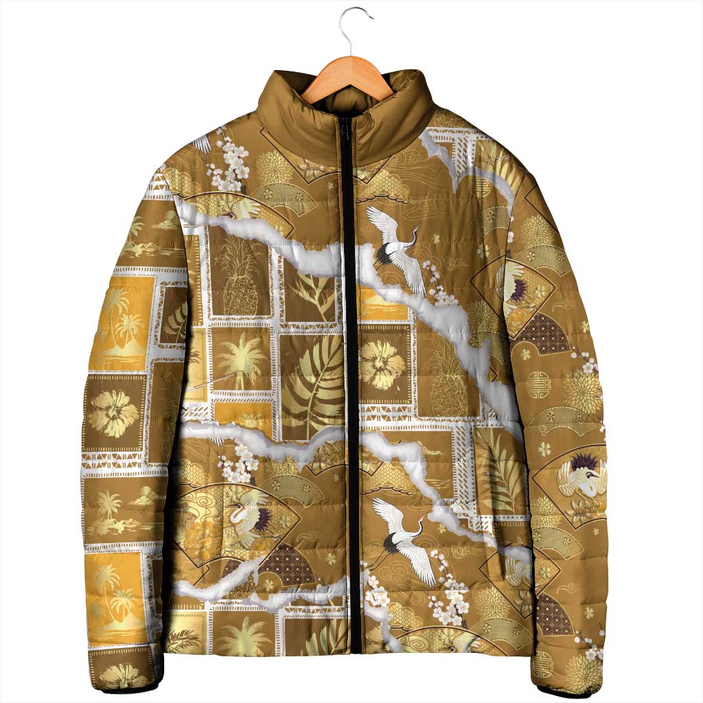 Hawaii Japanese Culture Gold Padded Jacket Spring Cranes Aloha Pattern