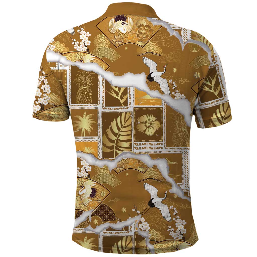 Hawaii Japanese Culture Gold Polo Shirt Spring Cranes Aloha Pattern