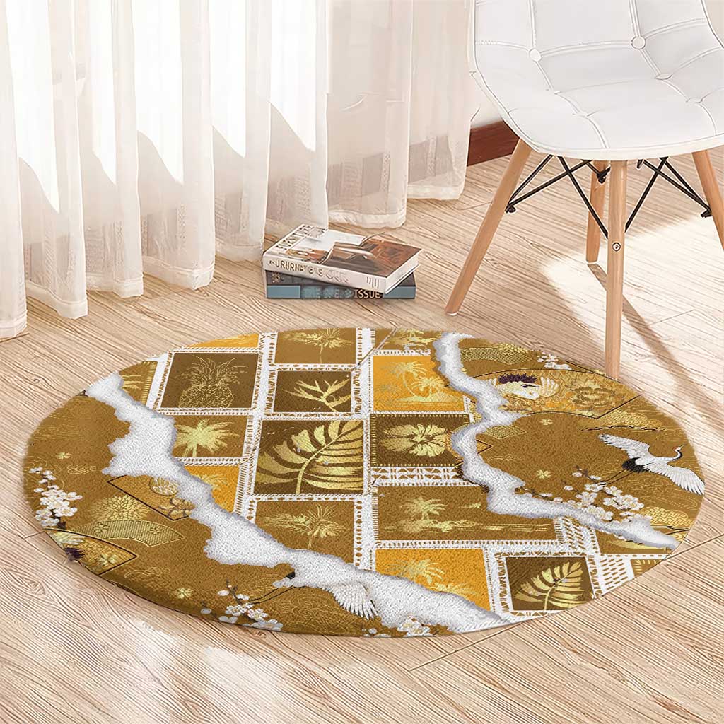 Hawaii Japanese Culture Gold Round Carpet Spring Cranes Aloha Pattern