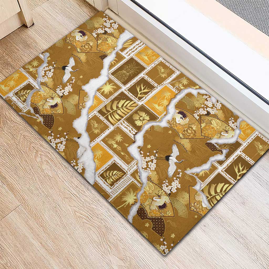 Hawaii Japanese Culture Gold Rubber Doormat Spring Cranes Aloha Pattern