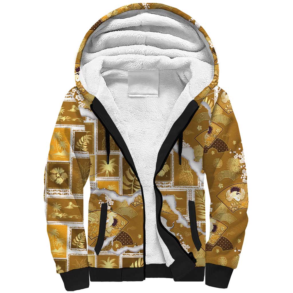 Hawaii Japanese Culture Gold Sherpa Hoodie Spring Cranes Aloha Pattern LT01 Unisex Gold - Polynesian Pride