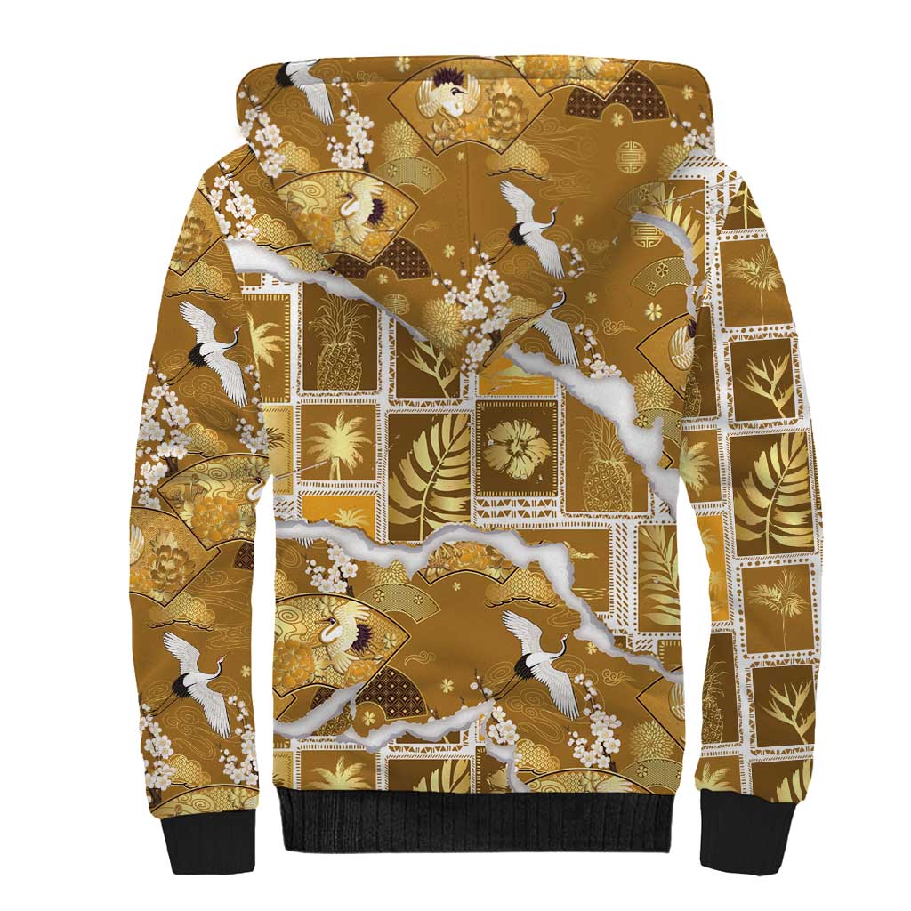 Hawaii Japanese Culture Gold Sherpa Hoodie Spring Cranes Aloha Pattern LT01 - Polynesian Pride