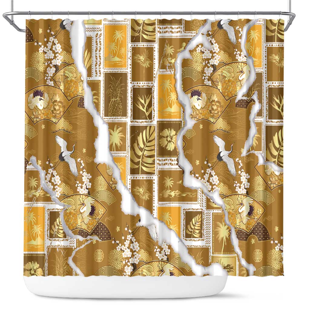 Hawaii Japanese Culture Gold Shower Curtain Spring Cranes Aloha Pattern