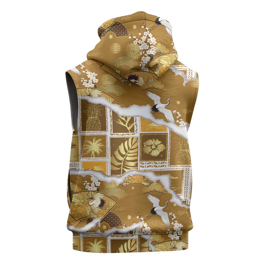 Hawaii Japanese Culture Gold Sleeveless Hoodie Spring Cranes Aloha Pattern