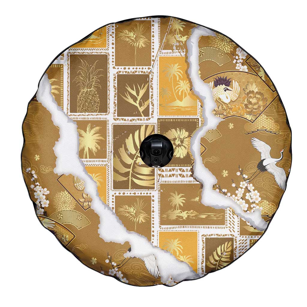 Hawaii Japanese Culture Gold Spare Tire Cover Spring Cranes Aloha Pattern LT01 - Polynesian Pride