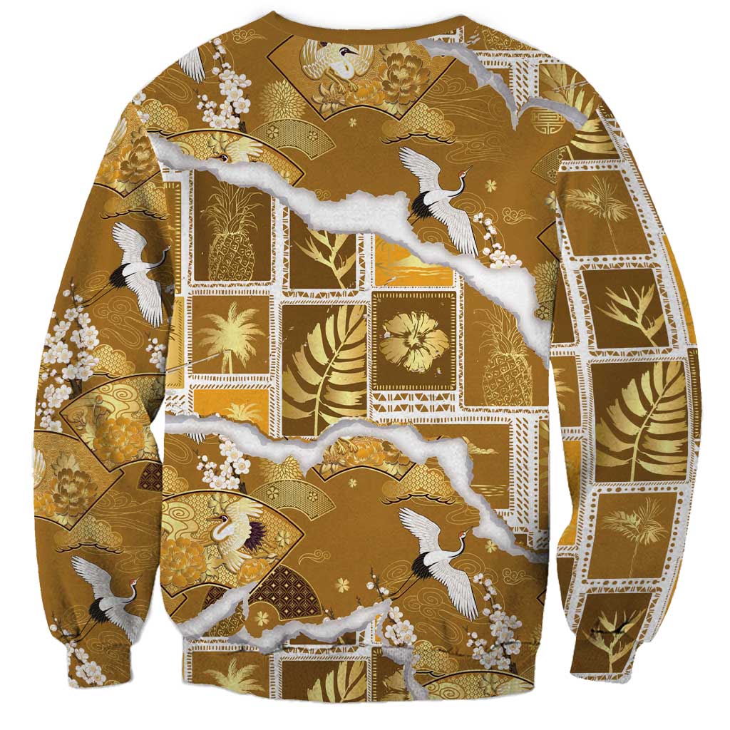 Hawaii Japanese Culture Gold Sweatshirt Spring Cranes Aloha Pattern
