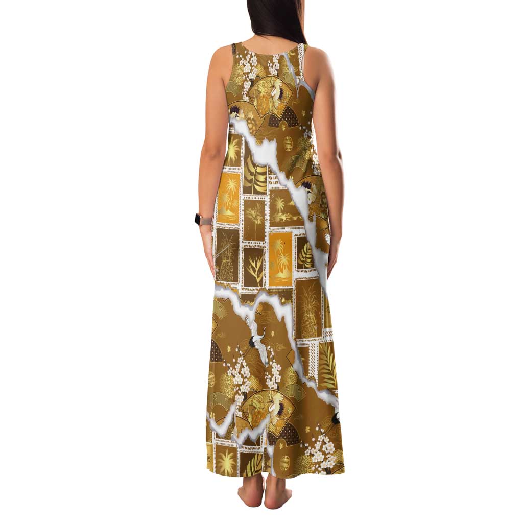 Hawaii Japanese Culture Gold Tank Maxi Dress Spring Cranes Aloha Pattern