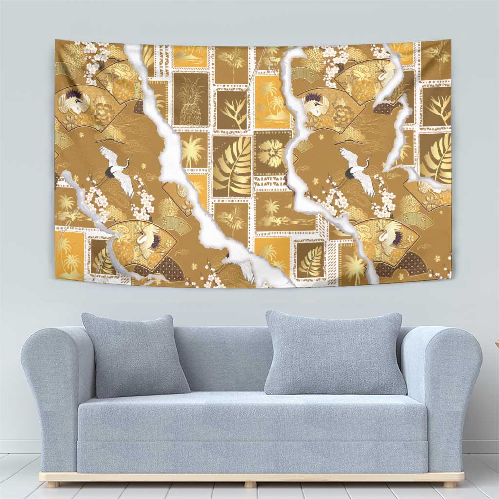 Hawaii Japanese Culture Gold Tapestry Spring Cranes Aloha Pattern