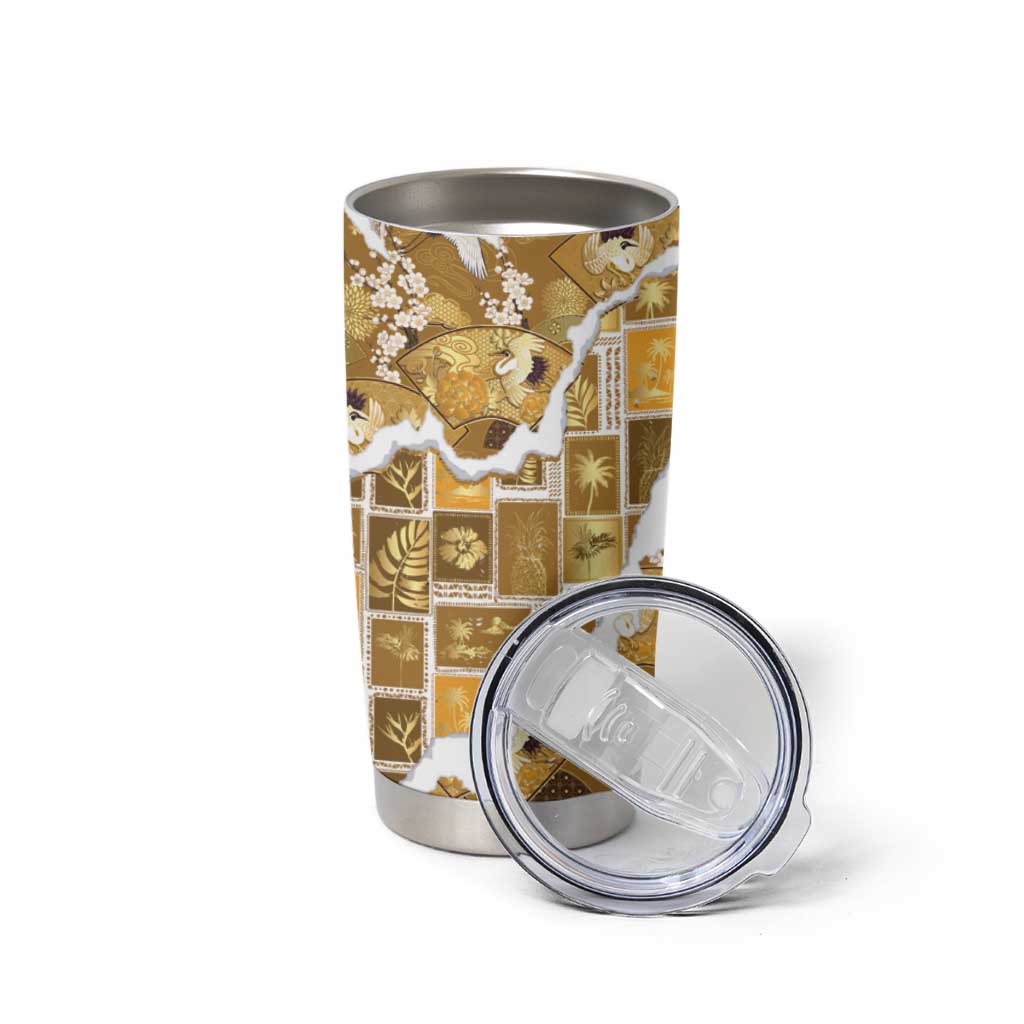 Hawaii Japanese Culture Gold Tumbler Cup Spring Cranes Aloha Pattern