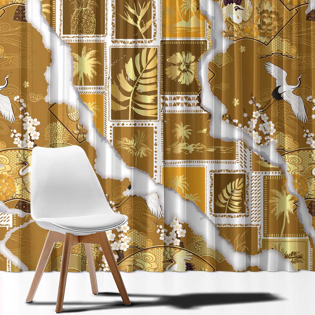 Hawaii Japanese Culture Gold Window Curtain Spring Cranes Aloha Pattern