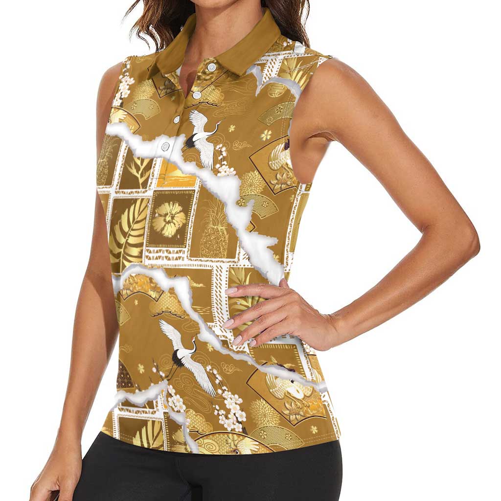 Hawaii Japanese Culture Gold Women Sleeveless Polo Shirt Spring Cranes Aloha Pattern