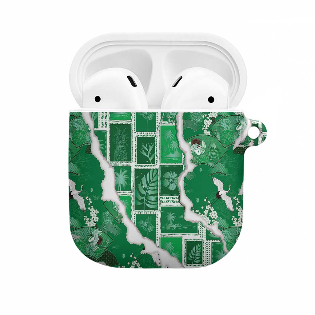 Hawaii Japanese Culture Green AirPods Case Spring Cranes Aloha Pattern