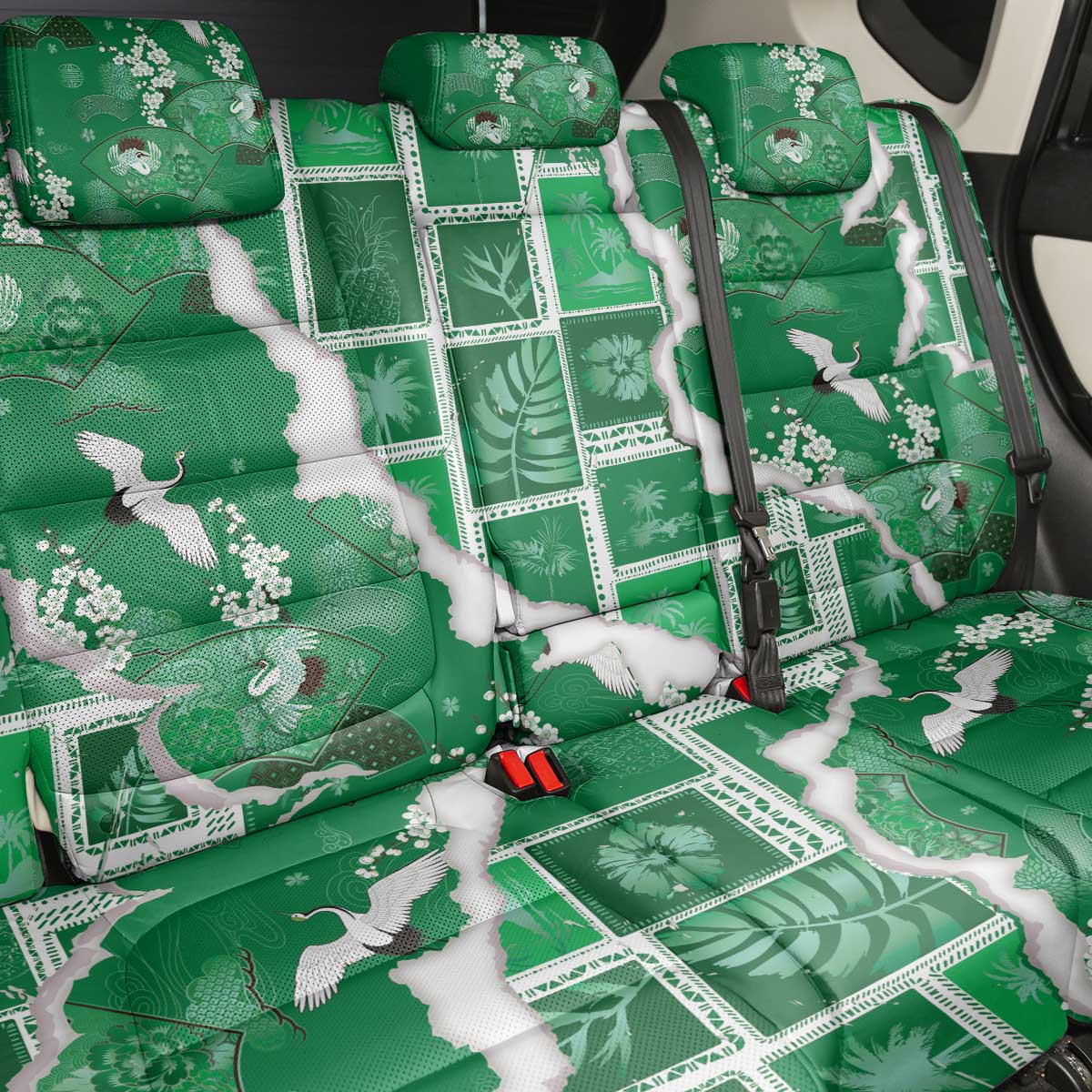 Hawaii Japanese Culture Green Back Car Seat Cover Spring Cranes Aloha Pattern