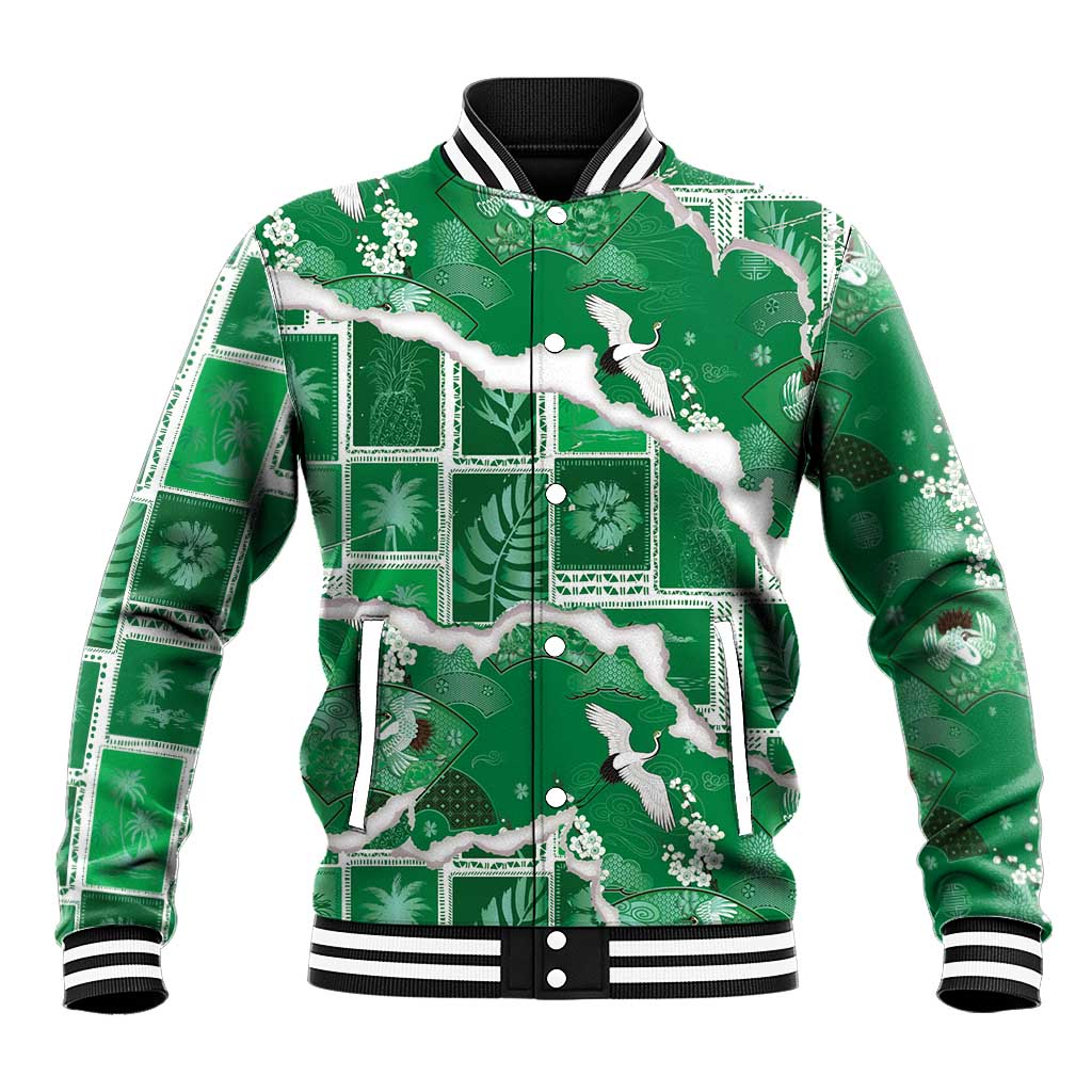 Hawaii Japanese Culture Green Baseball Jacket Spring Cranes Aloha Pattern