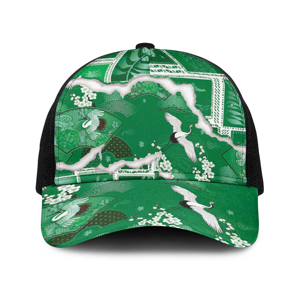 Hawaii Japanese Culture Green Baseball Net Cap Spring Cranes Aloha Pattern
