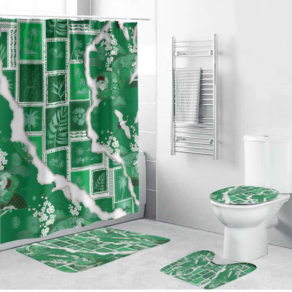 Hawaii Japanese Culture Green Bathroom Set Spring Cranes Aloha Pattern