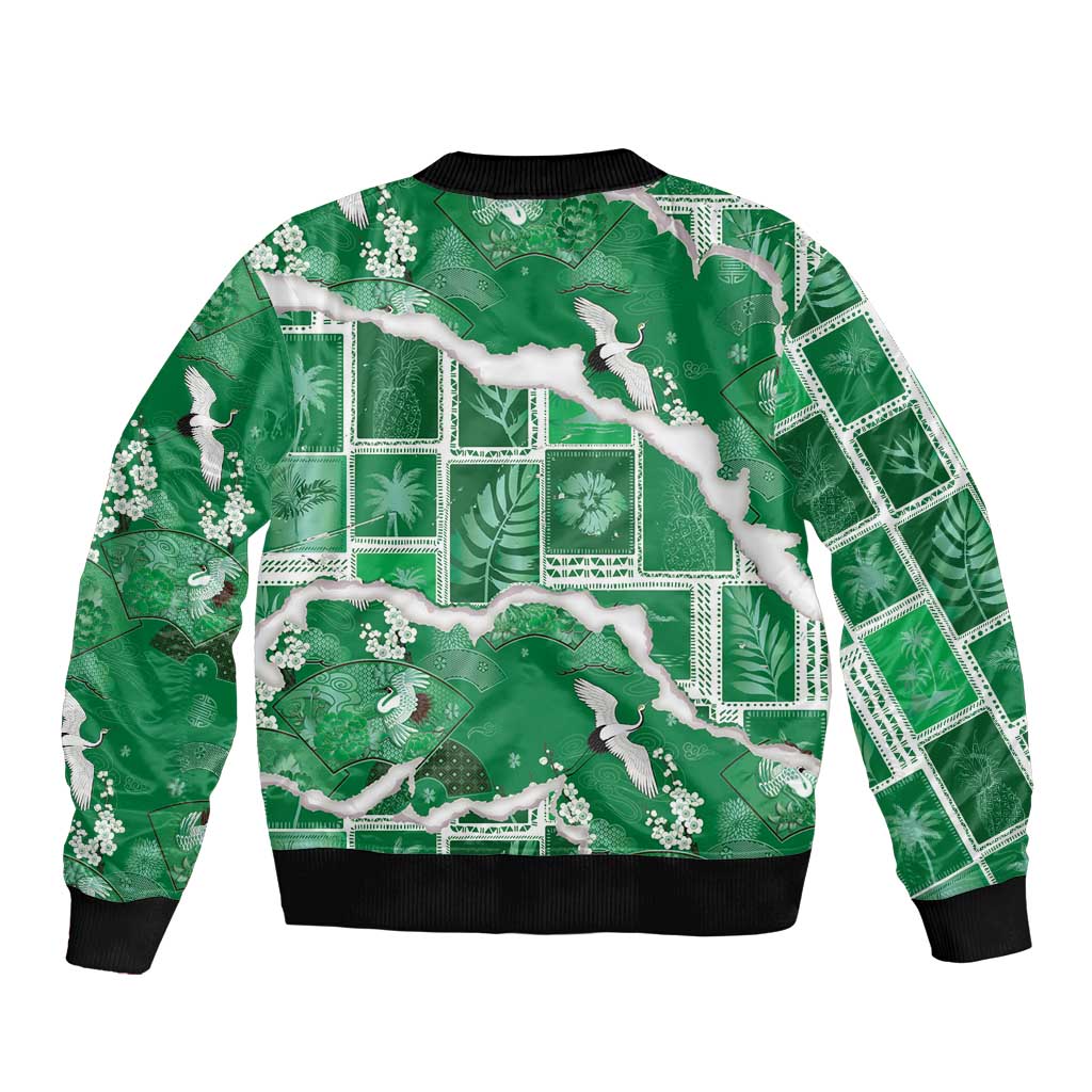 Hawaii Japanese Culture Green Bomber Jacket Spring Cranes Aloha Pattern