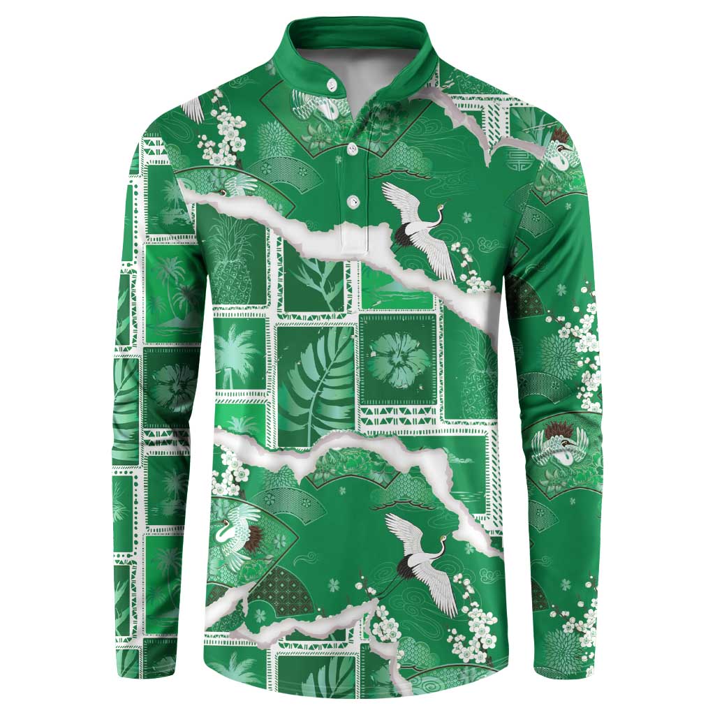 Hawaii Japanese Culture Green Button Sweatshirt Spring Cranes Aloha Pattern