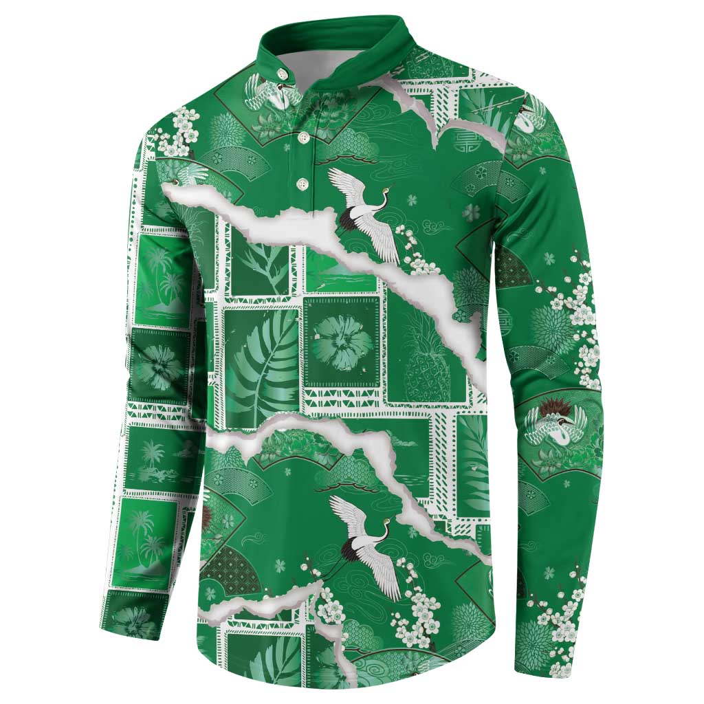 Hawaii Japanese Culture Green Button Sweatshirt Spring Cranes Aloha Pattern