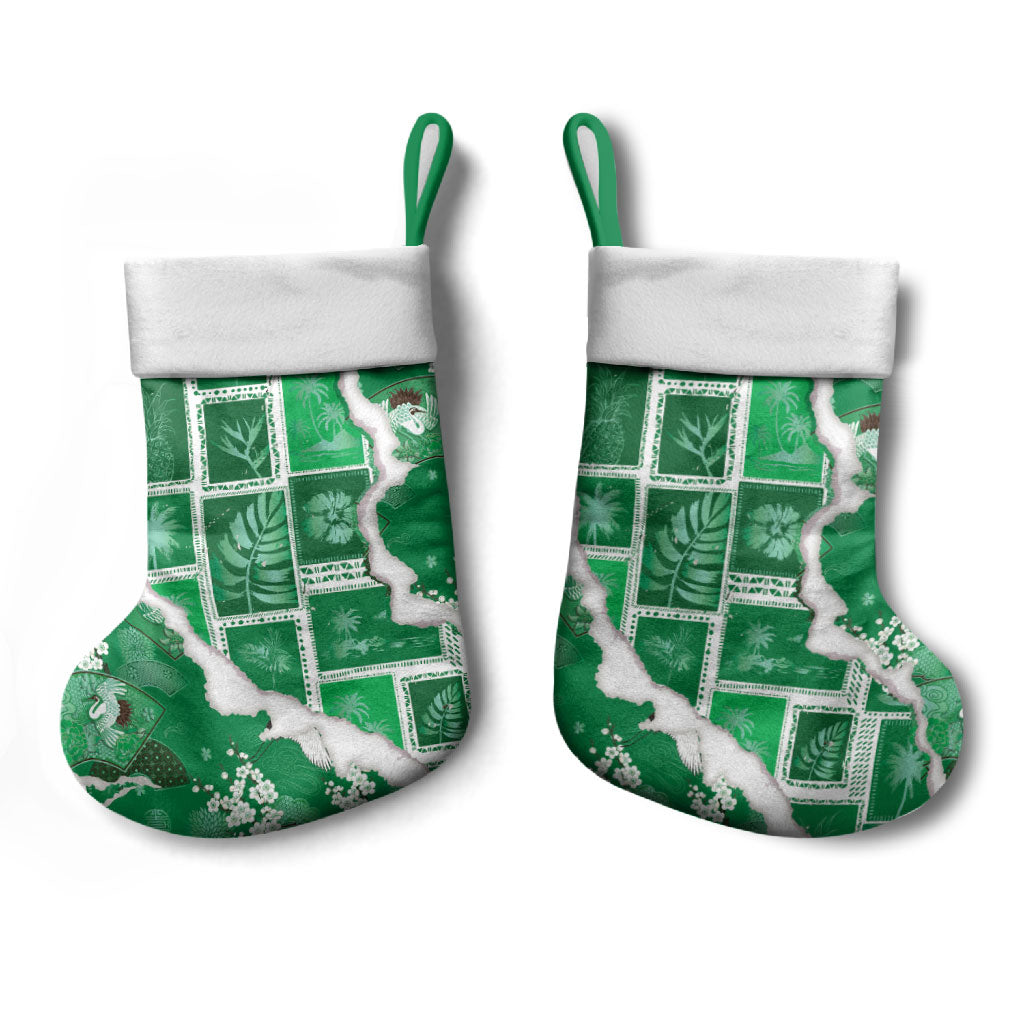 Hawaii Japanese Culture Green Christmas Stocking Spring Cranes Aloha Pattern LT01 - Polynesian Pride