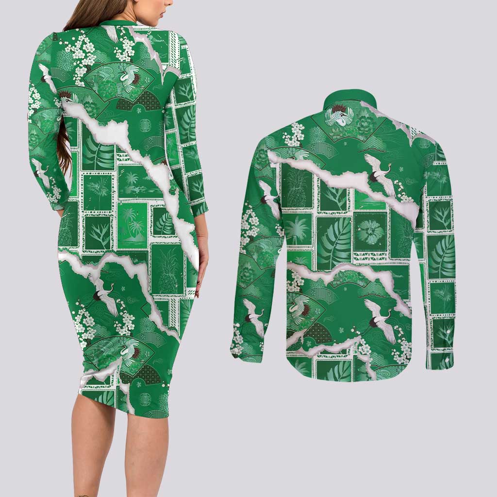 Hawaii Japanese Culture Green Couples Matching Long Sleeve Bodycon Dress and Long Sleeve Button Shirt Spring Cranes Aloha Pattern LT01 - Polynesian Pride